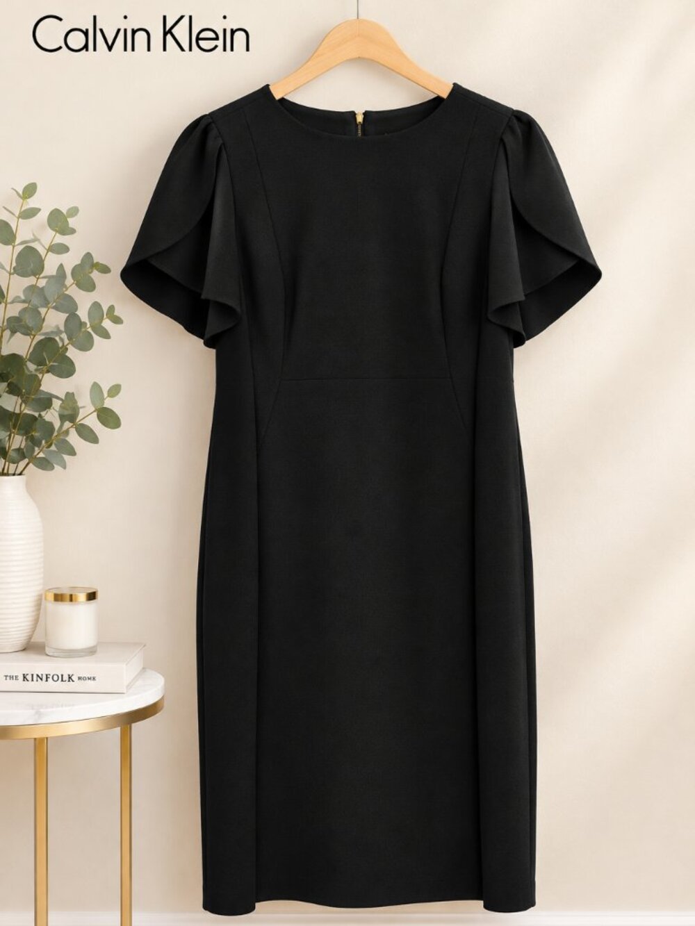 Calvin Klein Women's Plus Size 18W Black Sheath Dress – Flutter Sleeves